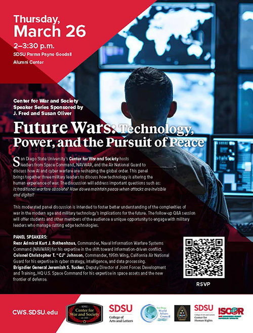 panel discussion flyer - man in fatigues looks at various computer screens